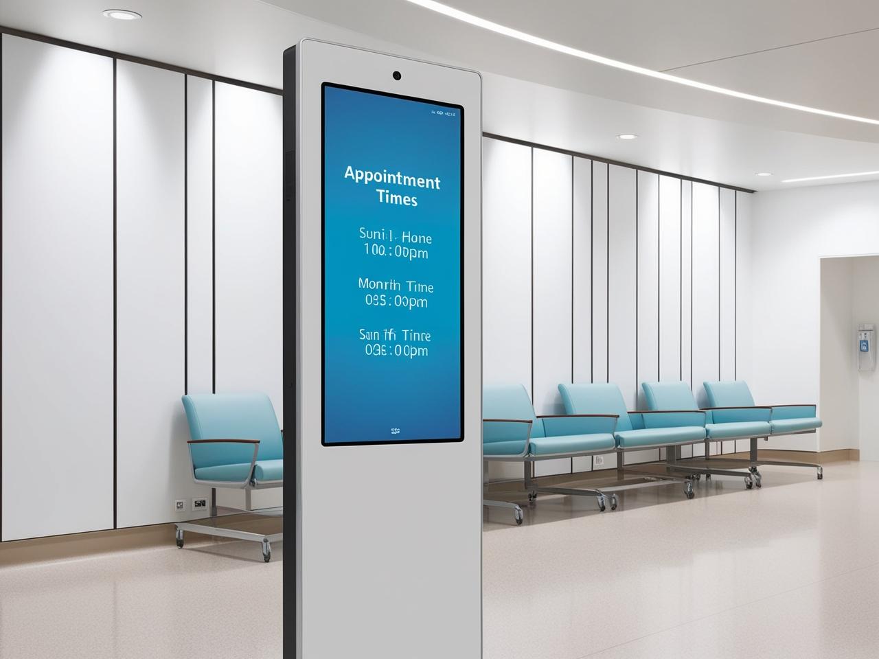 病院で縦型サイネージモニターで診療時間などを案内している写真