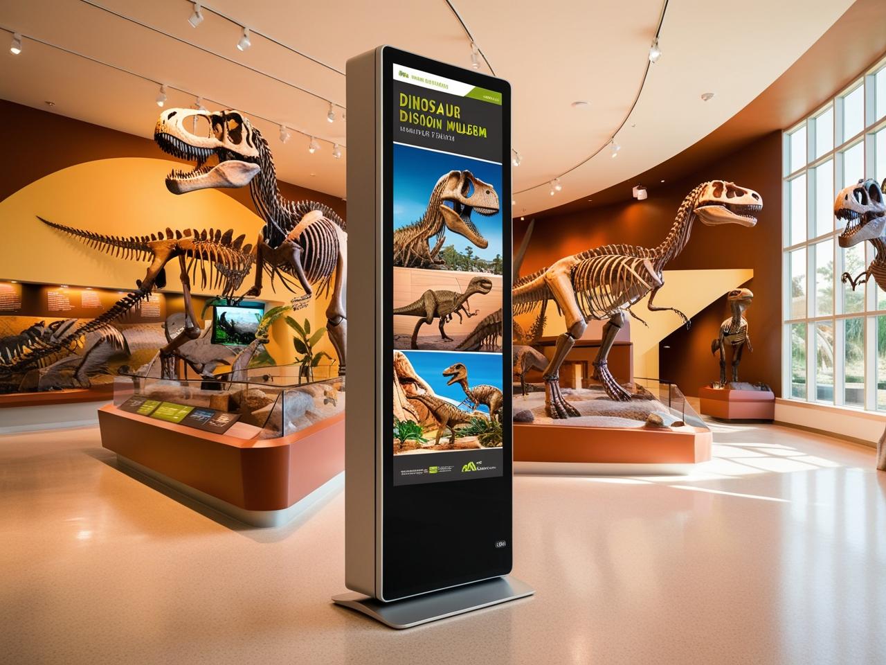 恐竜博物館に縦型サイネージモニターがある写真