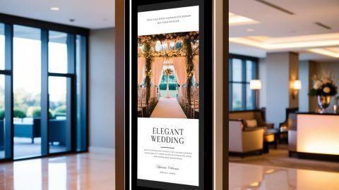 ホテルに設置されている結婚式の案内をしている縦型サイネージモニター ホテルに設置されている結婚式の案内をしている縦型サイネージモニター